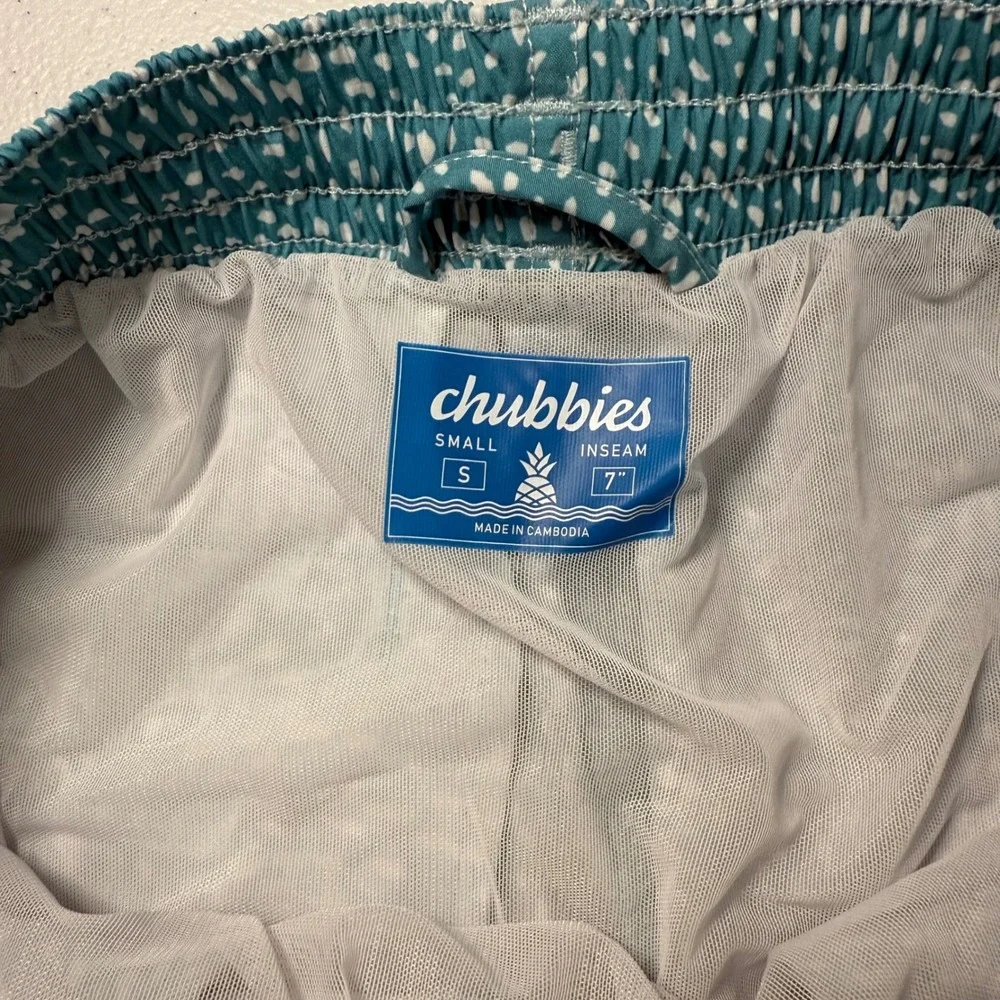 Chubbies Men's Trunks Shorts Teal White Pattern Elastic Waist Drawstring sz S EC